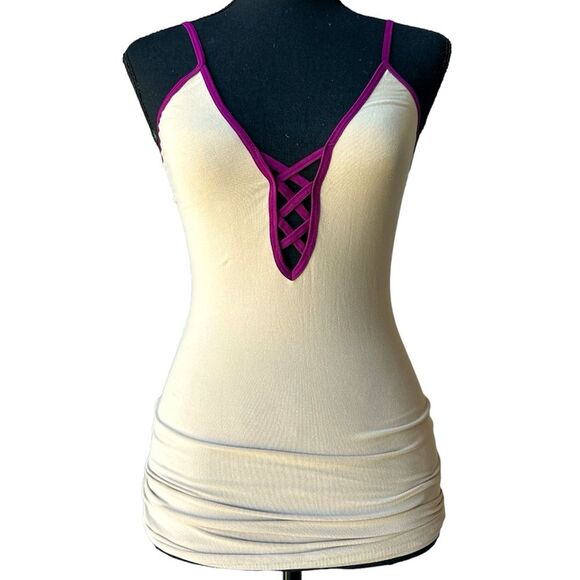 NWT Free People Deep V-neck Tunic Tank Top or Mini Slip Dress Nude Fuchsia XS/S - Picture 1 of 12